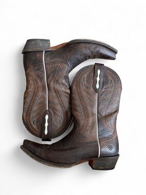 Women 10 Brown Leather Western Cowboy Boots with White